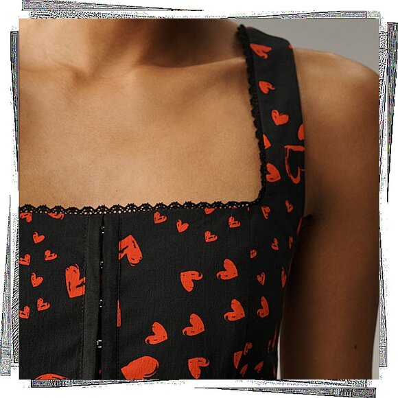 NWT: Black & Red Heart Print Fit & Flare Corset Detail Cotton Midi Dress (4) - Picture 3 of 7